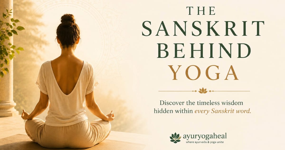 The Sanskrit Behind Yoga featured image showing a person meditating at sunrise, symbolising the timeless wisdom of Sanskrit in Yoga.